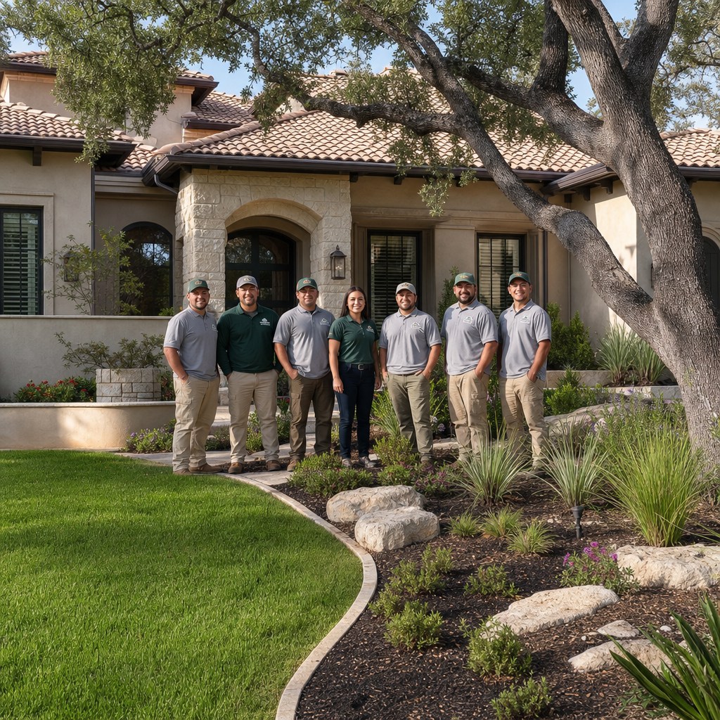 San Antonio landscaping crew at a residential property with live oak and Texas stone in San Antonio, Texas