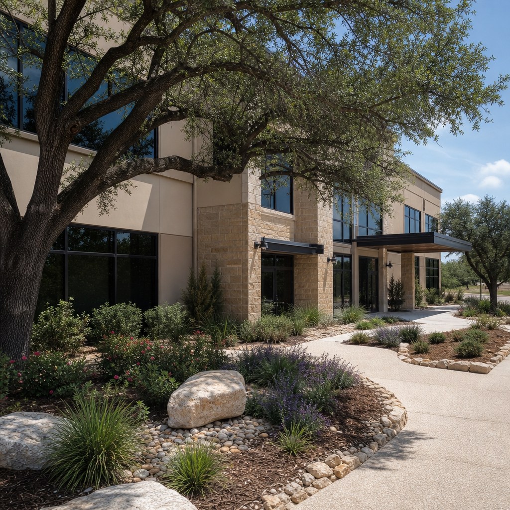 Commercial office building with maintained Texas landscaping in San Antonio, Texas
