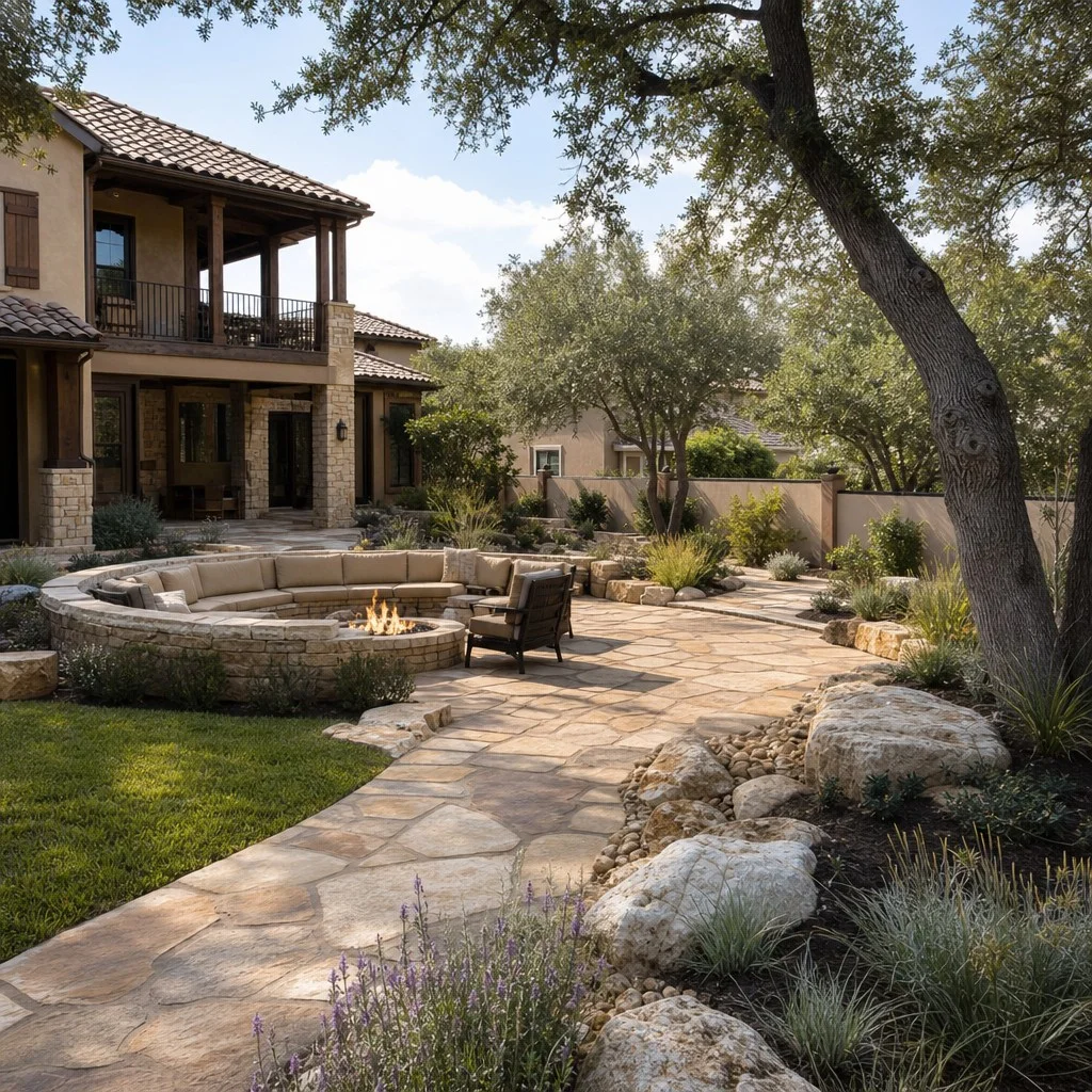 Backyard paver patio outdoor living space with live oak and native plantings in San Antonio, Texas