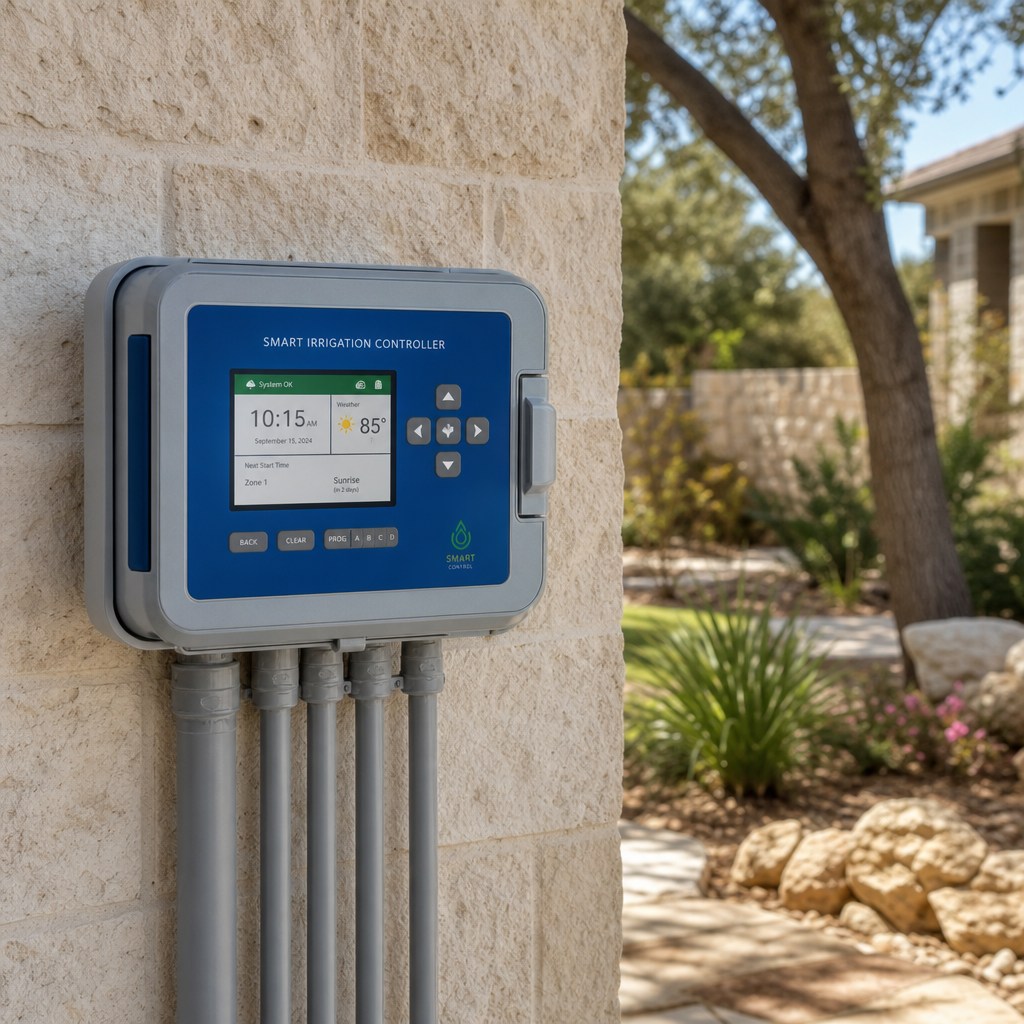 Wall-mounted smart irrigation controller on a San Antonio, Texas home