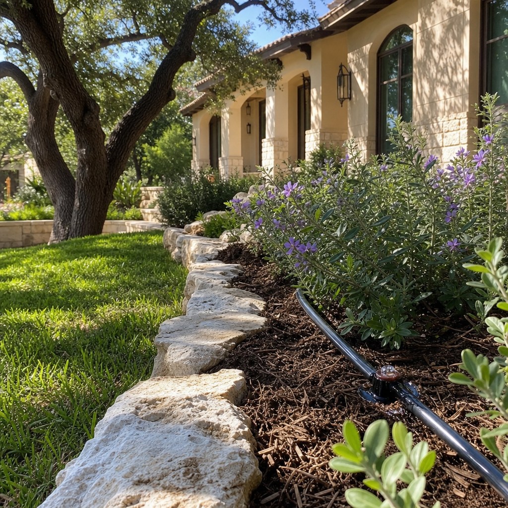 Drip irrigation tubing and emitters in a planting bed in San Antonio, Texas