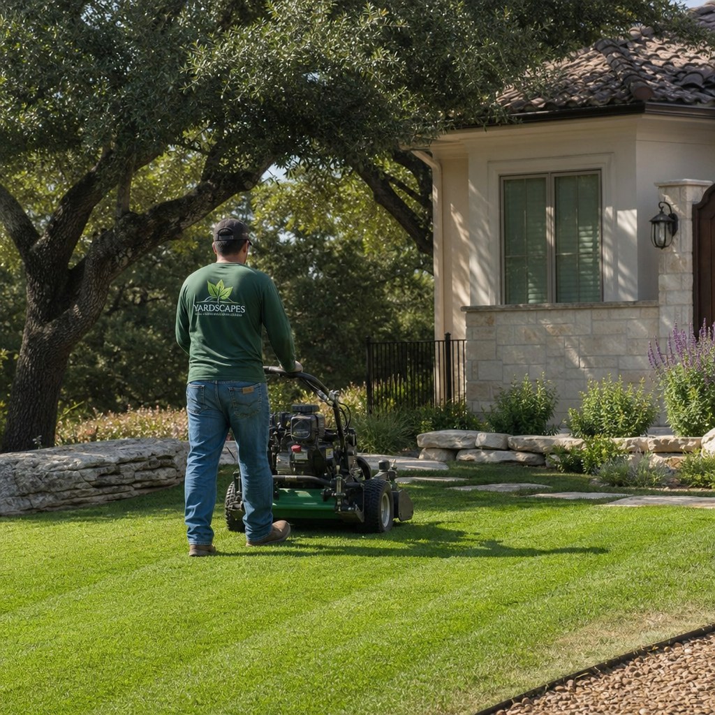 Crew mowing a healthy St. Augustine lawn in San Antonio, Texas