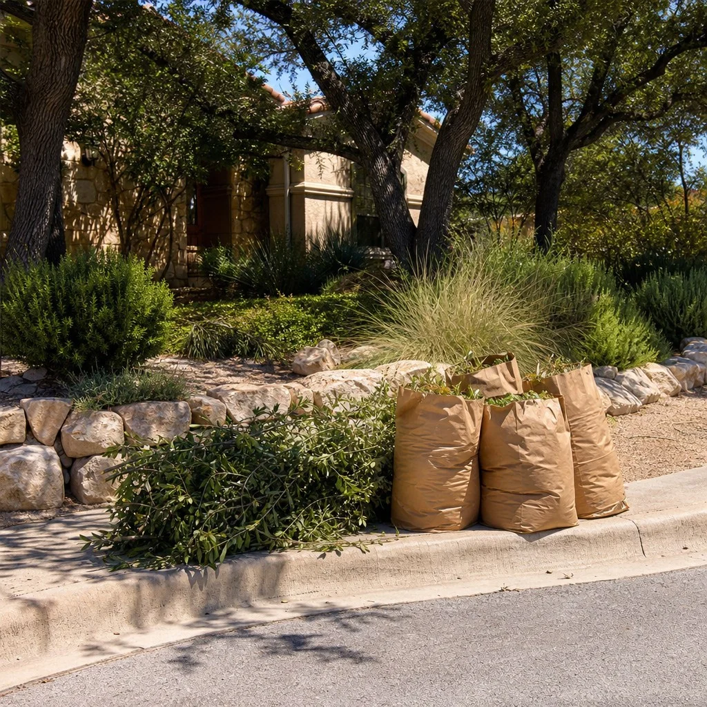 Seasonal cleanup under live oaks at a Helotes, Bexar County home