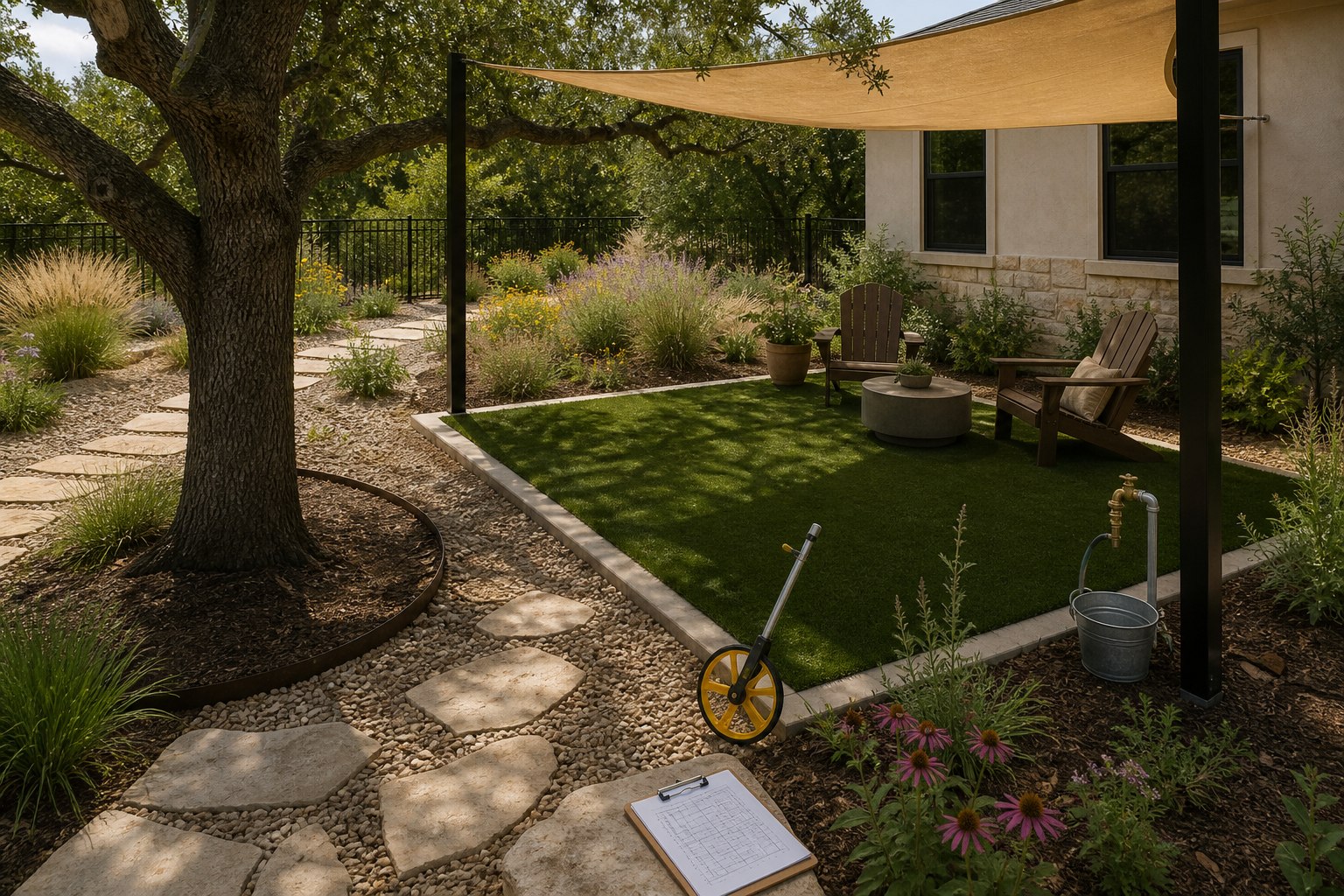 Small shaded artificial turf use bay beside a protected live oak, native planting, and limestone path in San Antonio