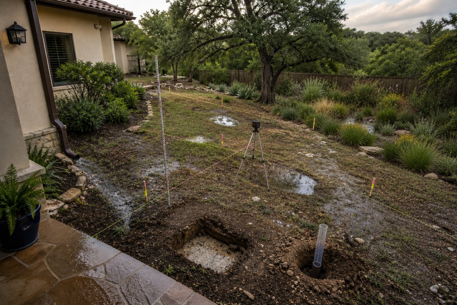 Post-storm San Antonio yard surveyed with elevation strings, limestone test pit, and an on-property vegetated outfall